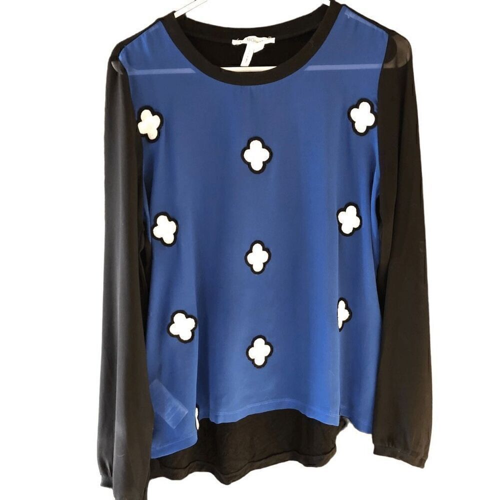 BCBGeneration Womens Blouse M Sheer Long Sleeve Embroidered Top Electric Blue